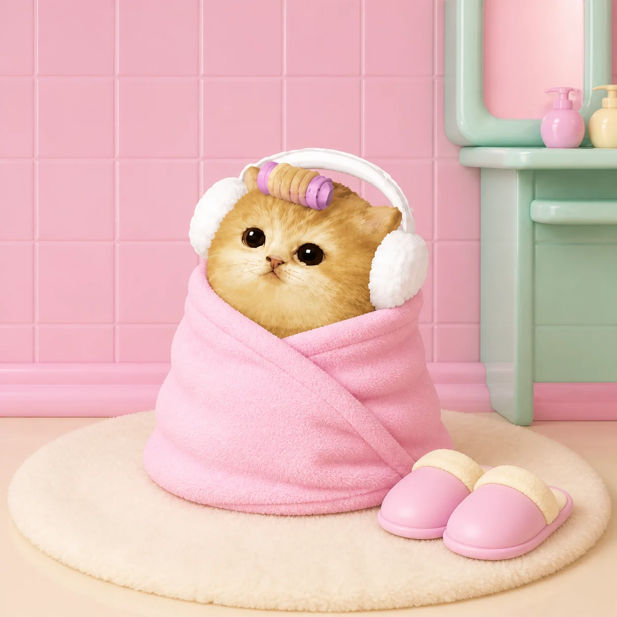 Bath Cat wrapped in a pink towel