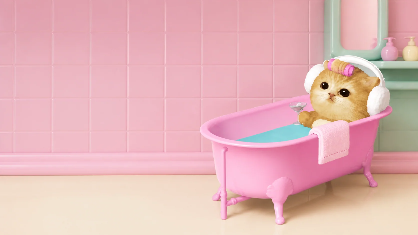 Bath Cat in the pink bathroom